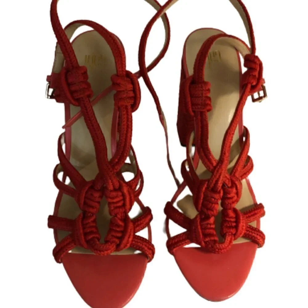 Cabi Tiptoe Knotted Rope Strappy Heeled Sandals Hibiscus Red Size 9M